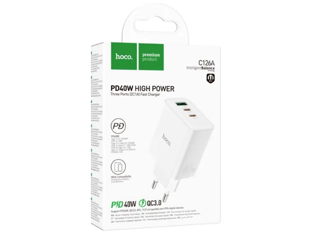 Мережевий зарядний пристрій Hoco C126A Pure PD+QC 40W(2C1A) Колір Білий