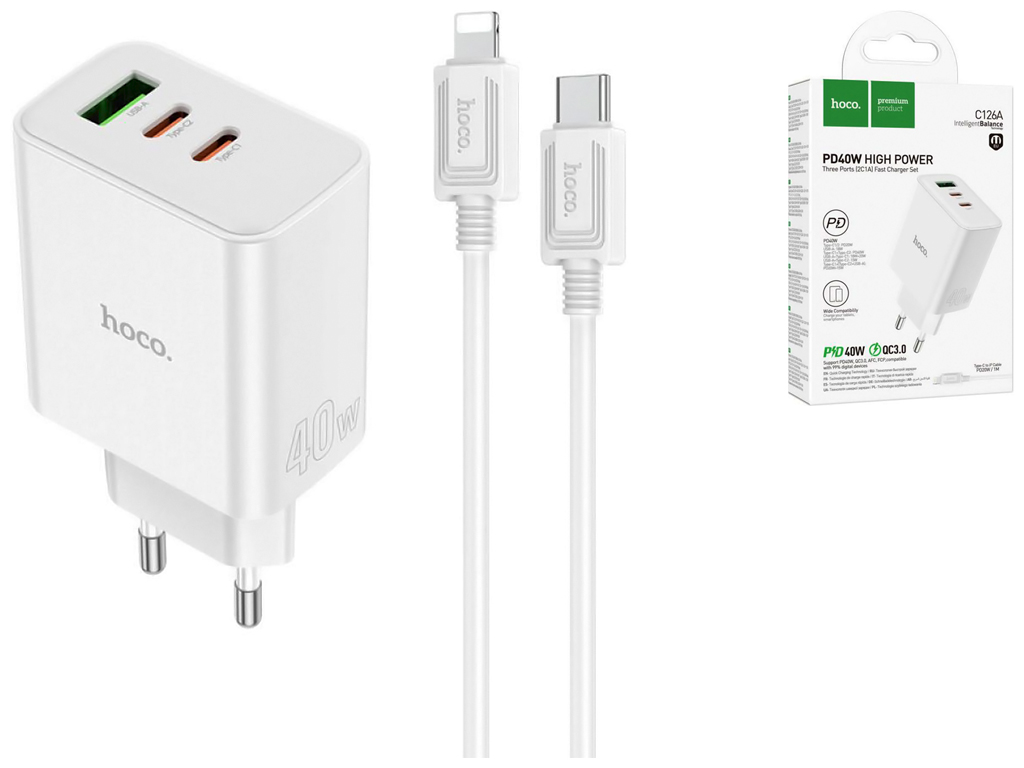 Мережевий Зарядний Пристрій Hoco C126A Pure PD+QC 40W(2C1A) Type C to Lightning, Білий