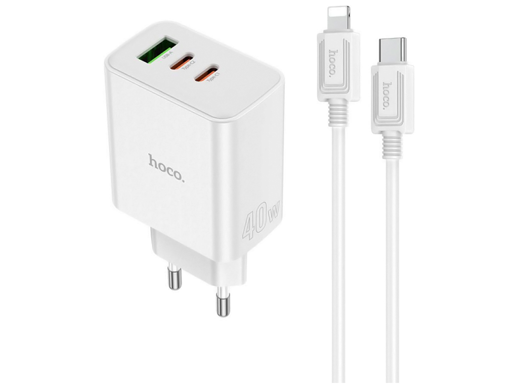 Мережевий Зарядний Пристрій Hoco C126A Pure PD+QC 40W(2C1A) Type C to Lightning, Білий