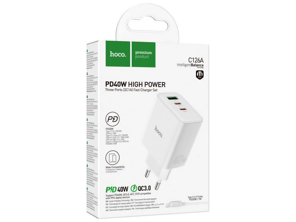 Мережевий Зарядний Пристрій Hoco C126A Pure PD+QC 40W(2C1A) Type C to Lightning, Білий