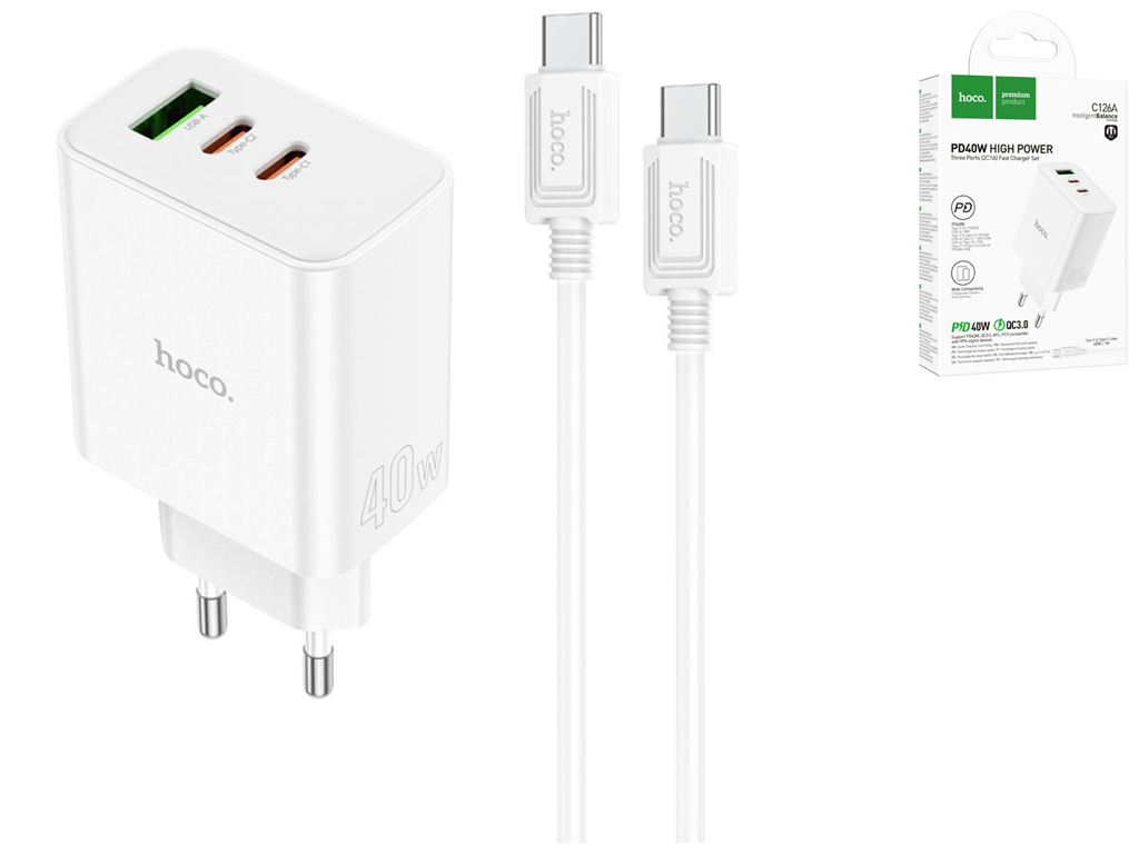 Сетевое зарядное устройство Hoco C126A Pure PD+QC 40W(2C1A) Type C to Type C Цвет Белый
