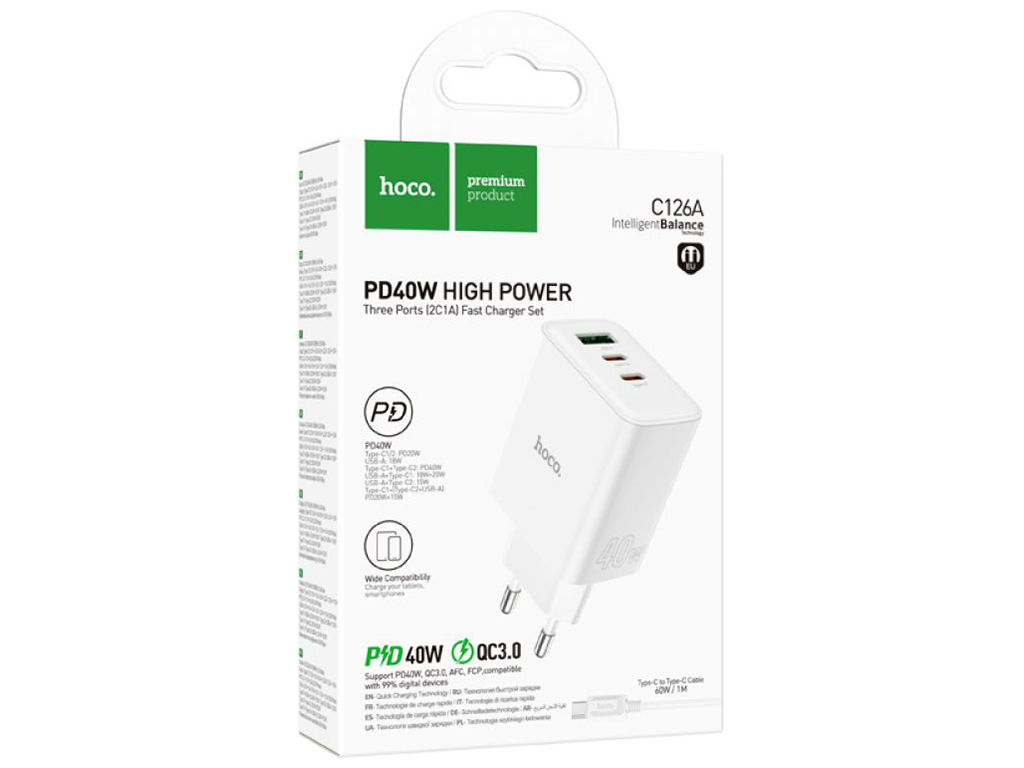 Сетевое зарядное устройство Hoco C126A Pure PD+QC 40W(2C1A) Type C to Type C Цвет Белый