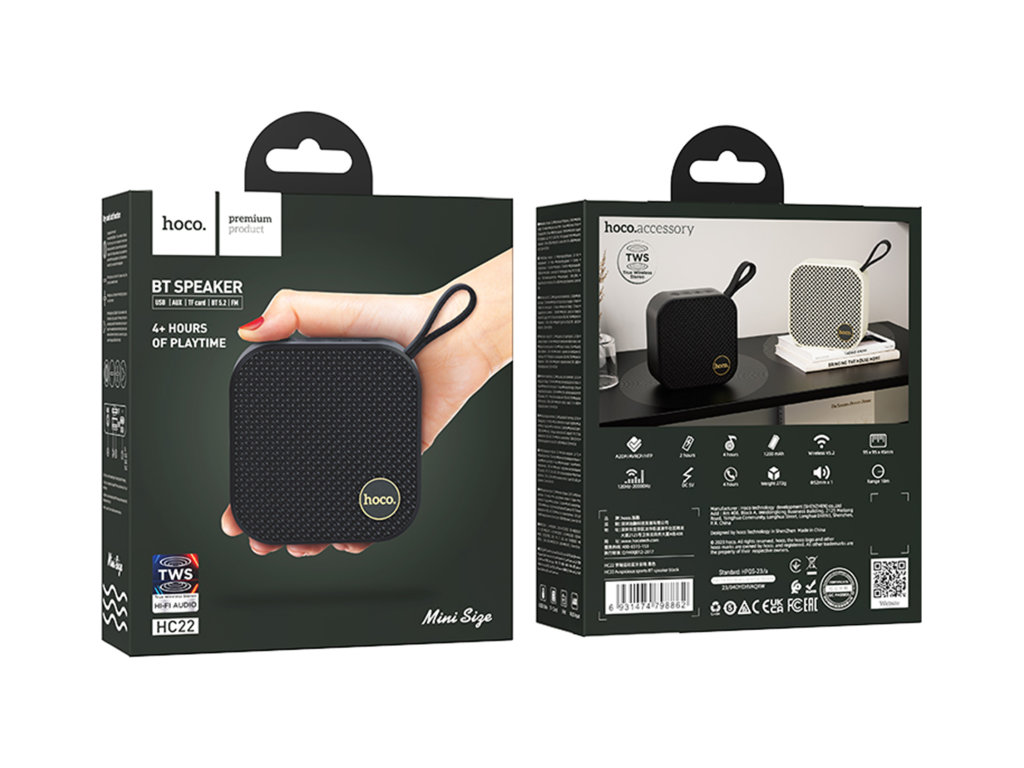 Колонка Hoco HC22, 5Вт, Bluetooth 5.2, 1200mAh, Type-C, пластик, 95×95×43мм, цвет серый