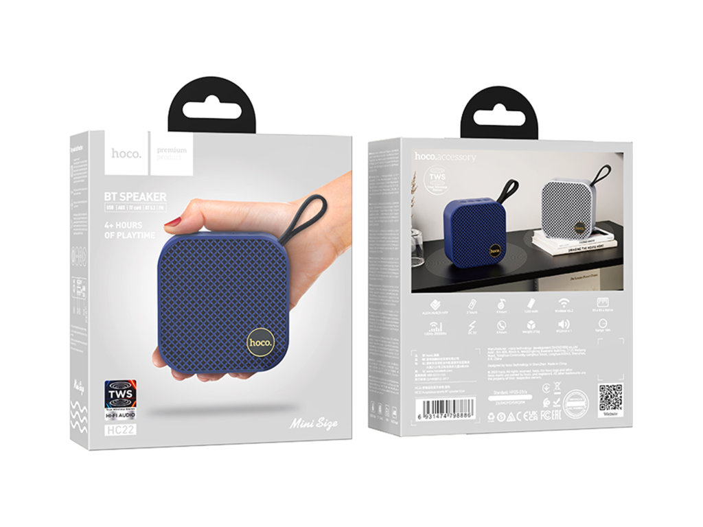 Колонка Hoco HC22, 5Вт, Bluetooth 5.2, 1200mAh, Type-C, пластик, 95×95×43мм, цвет синий