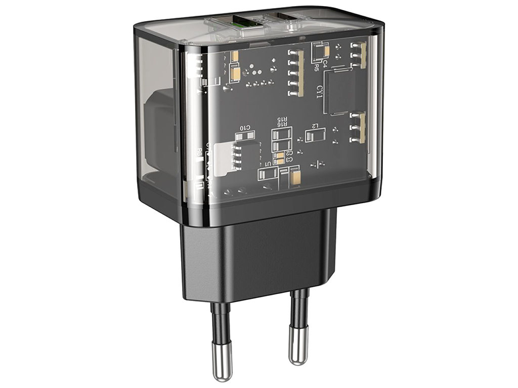 Мережевий Зарядний Пристрій Hoco N34 Dazzling PD20W+QC3.0 Колір Прозорий чорний