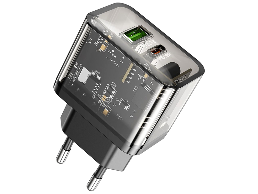 Мережевий Зарядний Пристрій Hoco N34 Dazzling PD20W+QC3.0 Колір Прозорий чорний