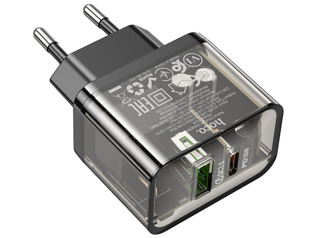 Мережевий Зарядний Пристрій Hoco N34 Dazzling PD20W+QC3.0 Колір Прозорий чорний