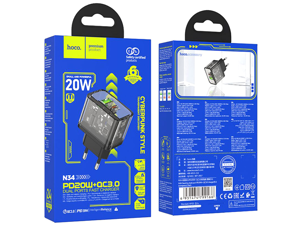 Мережевий Зарядний Пристрій Hoco N34 Dazzling PD20W+QC3.0 Колір Прозорий чорний