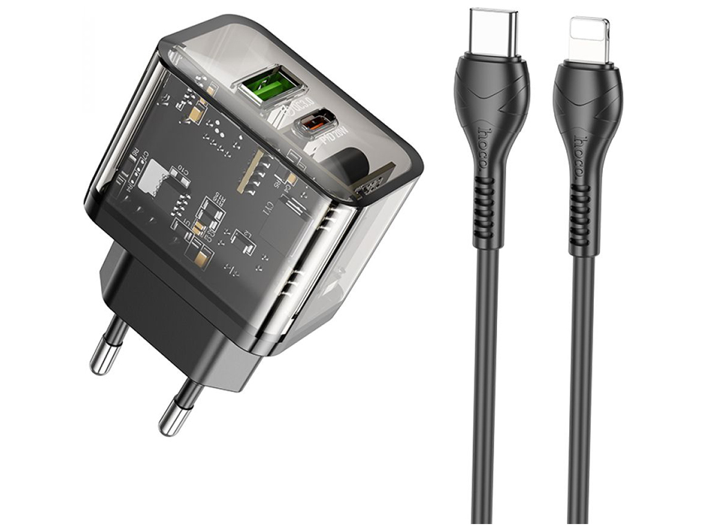 Сетевое Зарядное Устройство Hoco N34 Dazzling PD20W+QC3.0 Type-C to Lightning Цвет Прозрачный черный