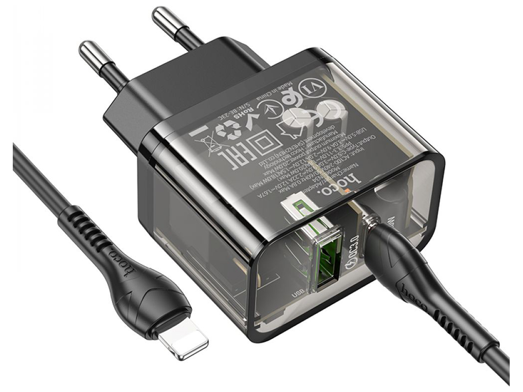 Сетевое Зарядное Устройство Hoco N34 Dazzling PD20W+QC3.0 Type-C to Lightning Цвет Прозрачный черный