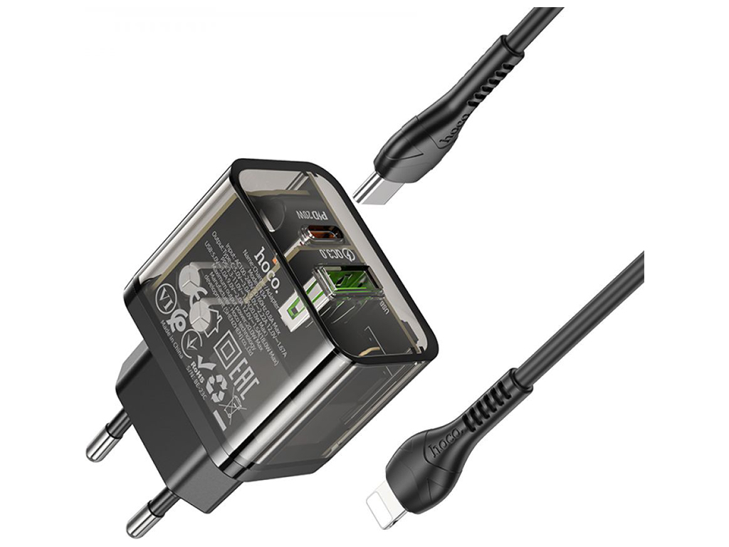 Сетевое Зарядное Устройство Hoco N34 Dazzling PD20W+QC3.0 Type-C to Lightning Цвет Прозрачный черный