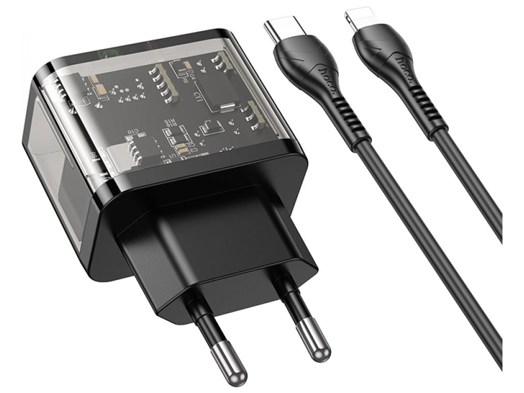 Сетевое Зарядное Устройство Hoco N34 Dazzling PD20W+QC3.0 Type-C to Lightning Цвет Прозрачный черный