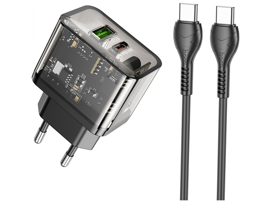 Мережевий Зарядний Пристрій Hoco N34 Dazzling PD20W+QC3.0 Type-C to Type-C Колір Прозорий чорний