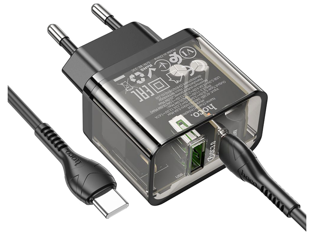 Мережевий Зарядний Пристрій Hoco N34 Dazzling PD20W+QC3.0 Type-C to Type-C Колір Прозорий чорний
