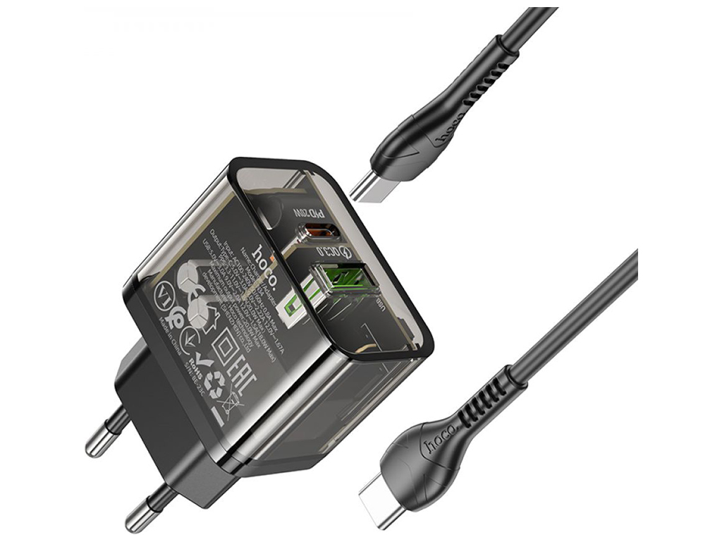 Мережевий Зарядний Пристрій Hoco N34 Dazzling PD20W+QC3.0 Type-C to Type-C Колір Прозорий чорний
