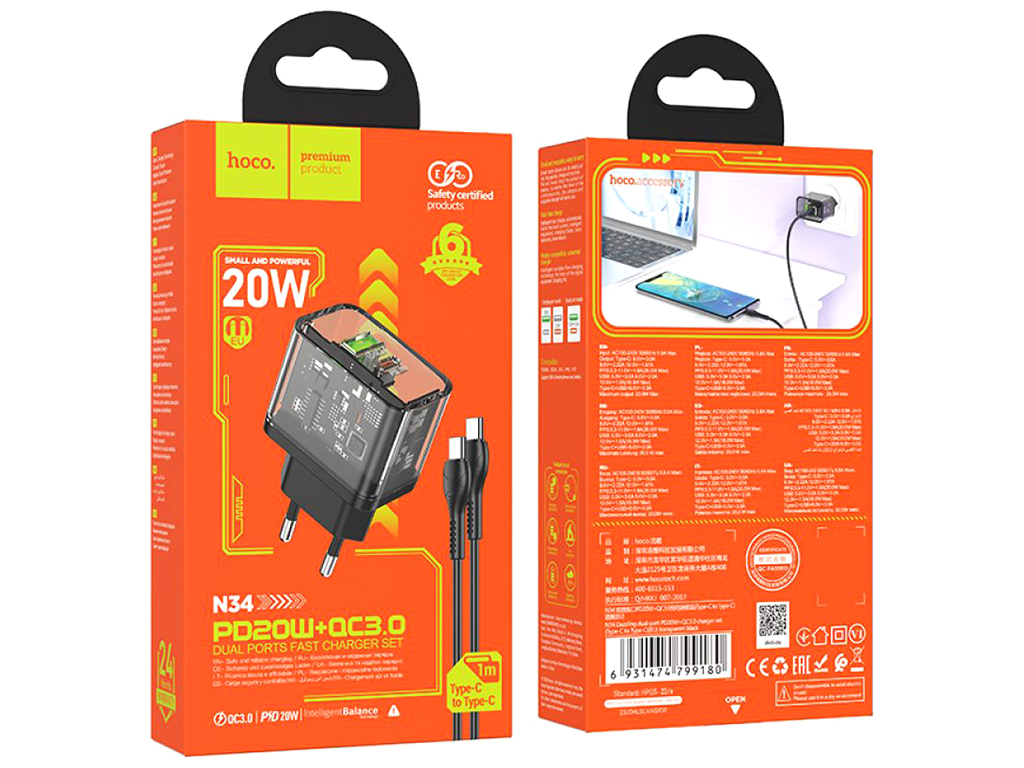 Мережевий Зарядний Пристрій Hoco N34 Dazzling PD20W+QC3.0 Type-C to Type-C Колір Прозорий чорний