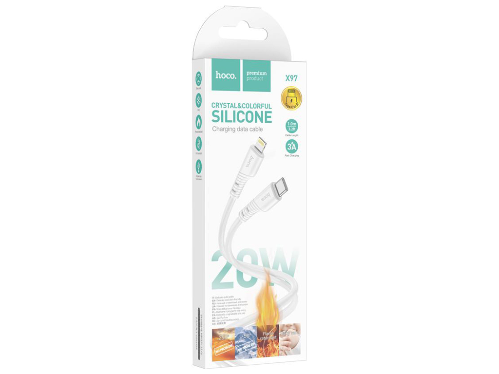 Кабель Hoco X97 Crystal color PD20W Silicone Type C to Lightning, Бiлий