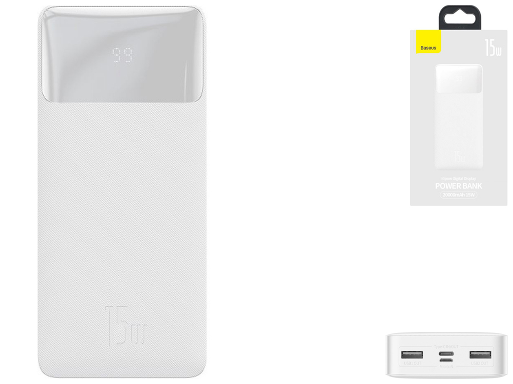 Універсальна Мобільна Батарея Baseus Bipow 15W 20000 mAh Cable USB to Micro 25cm Колір Бiлий, 02