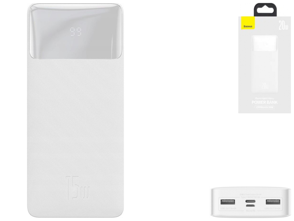 Power Bank Baseus Bipow 20W 20000 mAh Cable USB to Micro 25cm (PPBD0503xx) Цвет Белый, 02