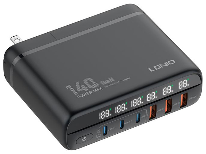 Мережевий Зарядний Пристрій LDNIO A6140C 140W LED display GAN Колір Чорний
