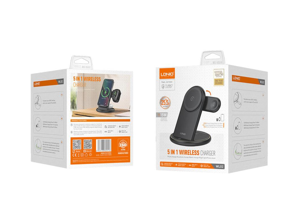Зарядное устройство беспроводное Ldnip Wl02 5in1, 25.5W, для iWatch, ABS+PC пластик, USB-C, черный