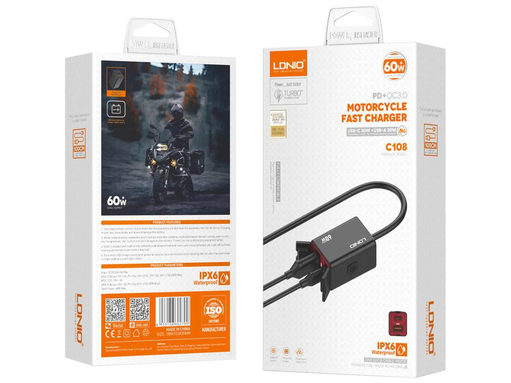 Инвертор LDNIO C108, авто-мото, 1USB+1USB-C, 60W, алюминий, пластик, Type-C to Type-C, цвет черный