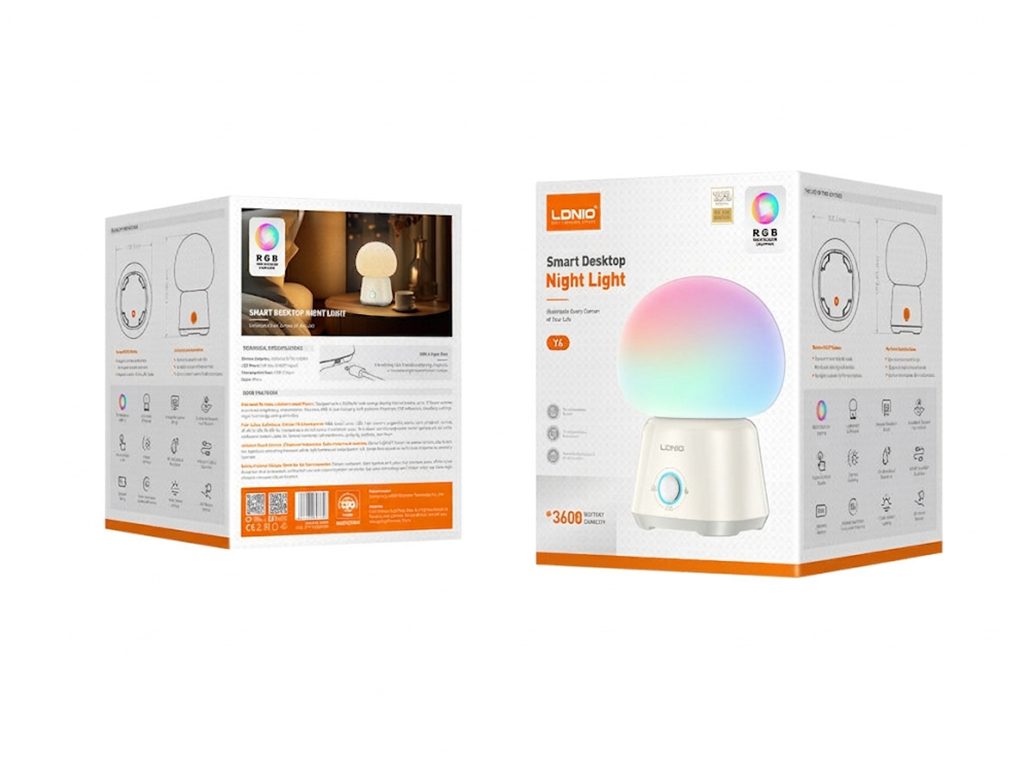 Ночник настольный Ldnio Y4, RGB подсветка, 3600мАч, 3Вт, Type-C, пластик, силикон, цвет белый