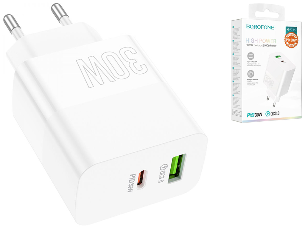 Мережевий Зарядний Пристрій Borofone BA75A Powerfull PD+QC 30W Бiлий
