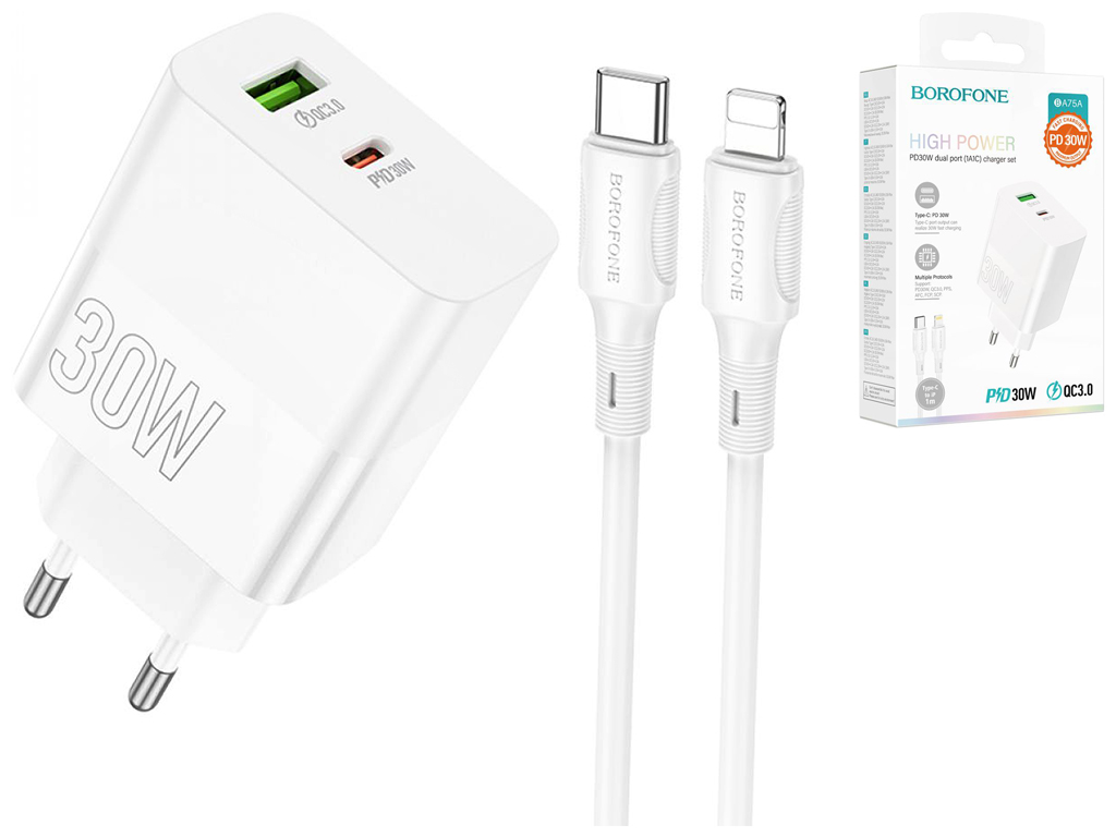 Мережевий Зарядний Пристрій Borofone BA75A Powerfull PD+QC 30W Type-C to Lightning, Бiлий