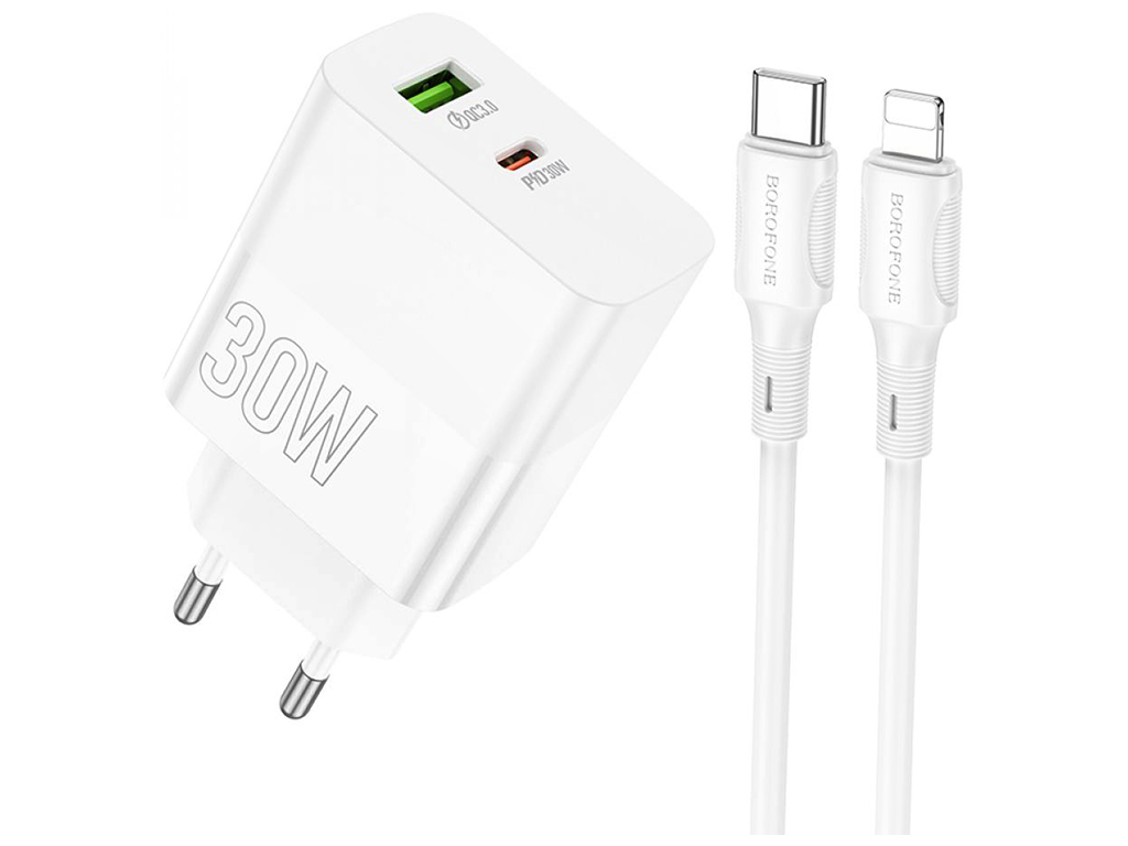 Мережевий Зарядний Пристрій Borofone BA75A Powerfull PD+QC 30W Type-C to Lightning, Бiлий