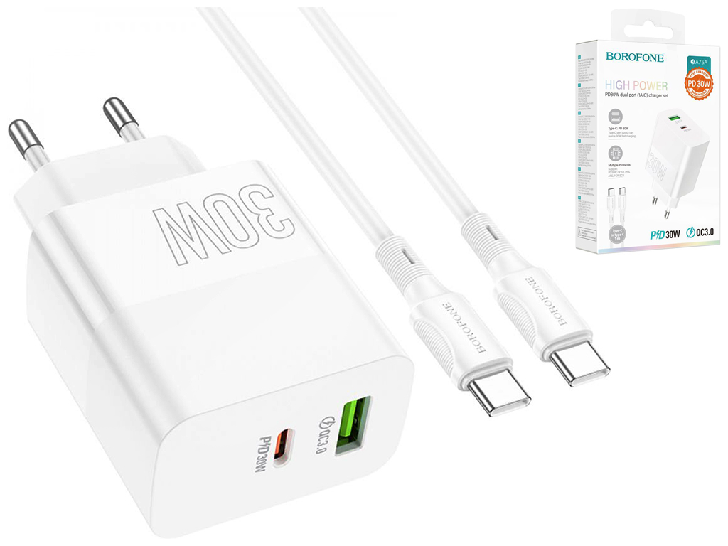 Мережевий Зарядний Пристрій Borofone BA75A Powerfull PD+QC 30W Type-C to Type-C, Бiлий