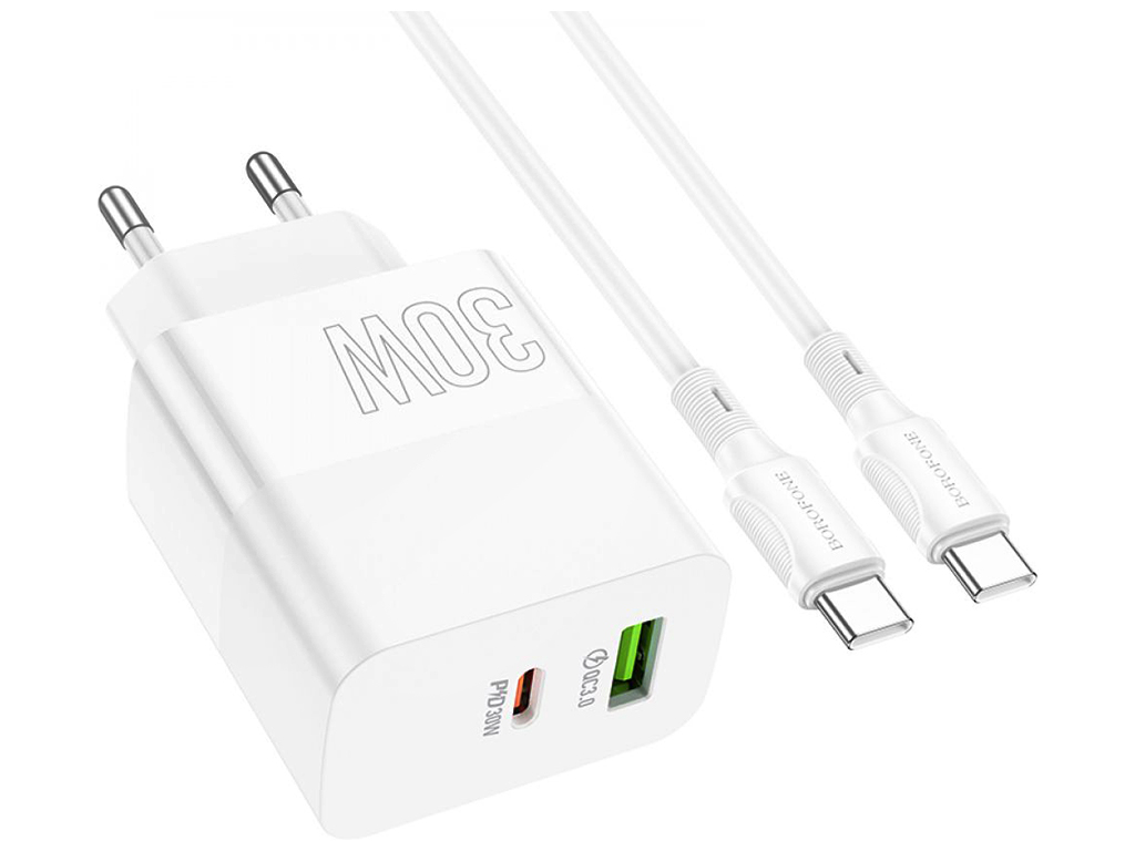 Мережевий Зарядний Пристрій Borofone BA75A Powerfull PD+QC 30W Type-C to Type-C, Бiлий
