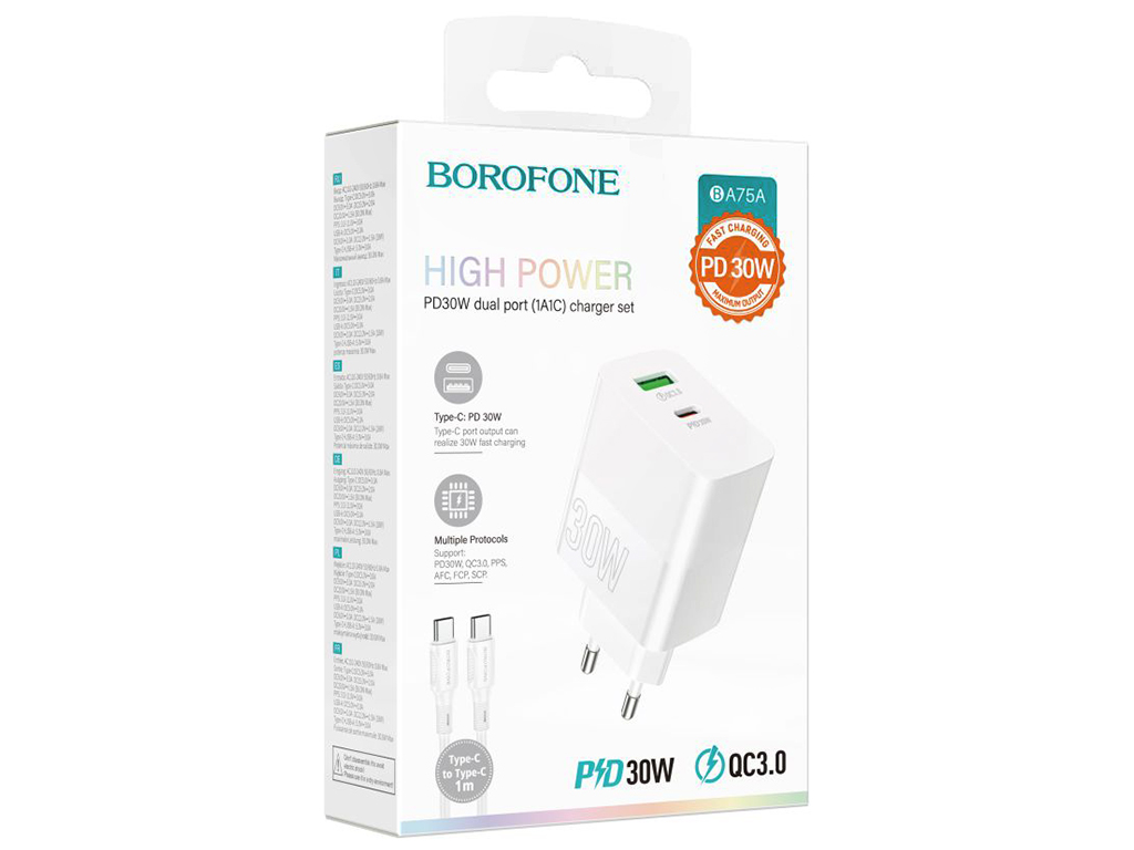 Мережевий Зарядний Пристрій Borofone BA75A Powerfull PD+QC 30W Type-C to Type-C, Бiлий