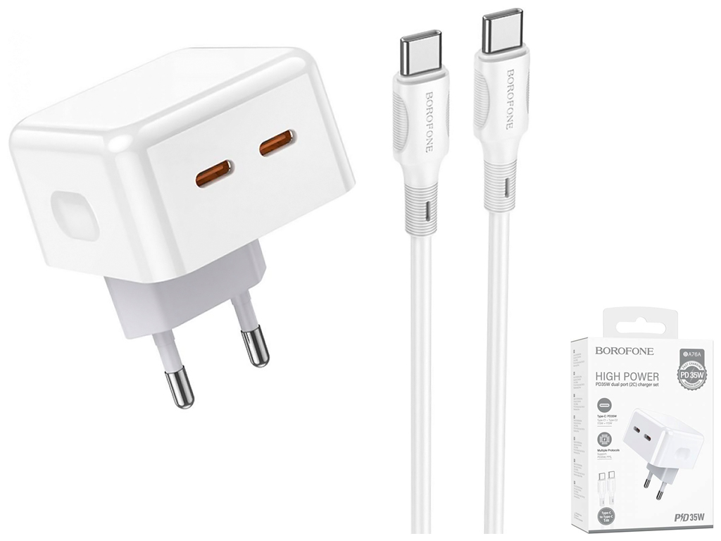 Мережевий Зарядний Пристрій Borofone BA76A Source PD/QC 35W Type-C to Type-C, Бiлий