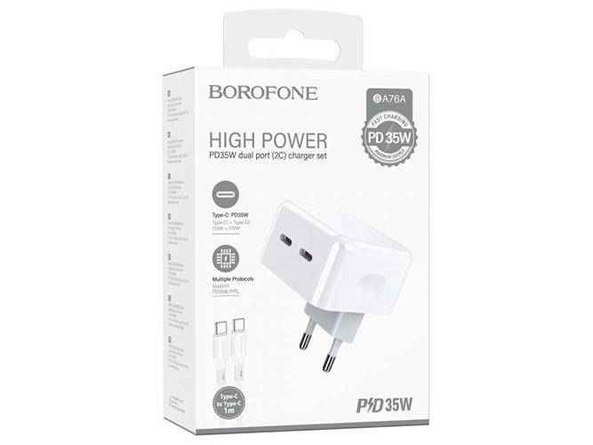 Мережевий Зарядний Пристрій Borofone BA76A Source PD/QC 35W Type-C to Type-C, Бiлий