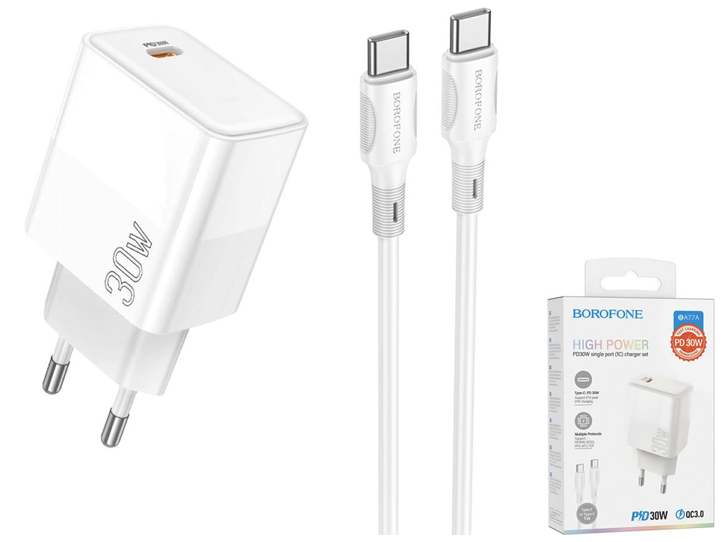 Мережевий Зарядний Пристрій Borofone BA77A Insightful PD/QC 30W Type-C to Type-C Бiлий