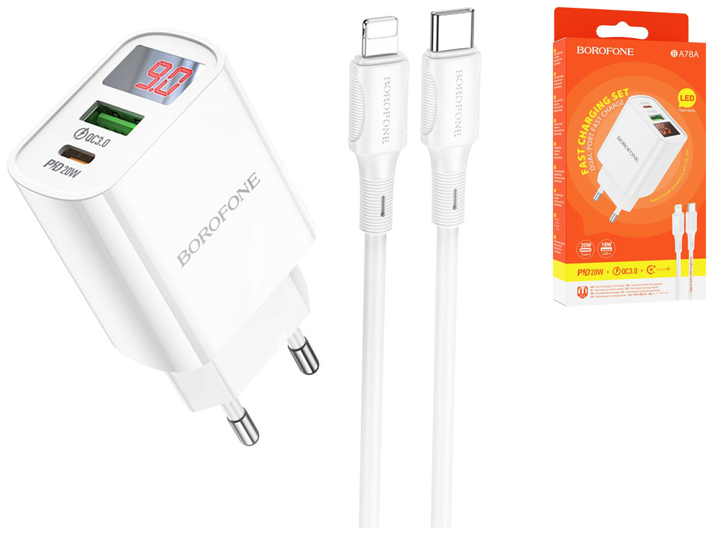 Сетевое Зарядное Устройство Borofone BA78A PD20W+QC3.0 digital display Type-C to Lightning, Белый
