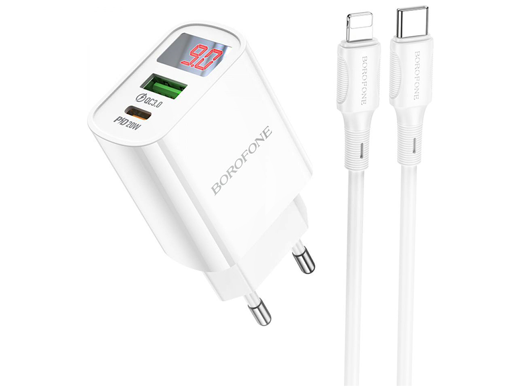 Сетевое Зарядное Устройство Borofone BA78A PD20W+QC3.0 digital display Type-C to Lightning, Белый