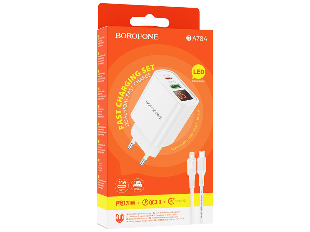 Сетевое Зарядное Устройство Borofone BA78A PD20W+QC3.0 digital display Type-C to Lightning, Белый