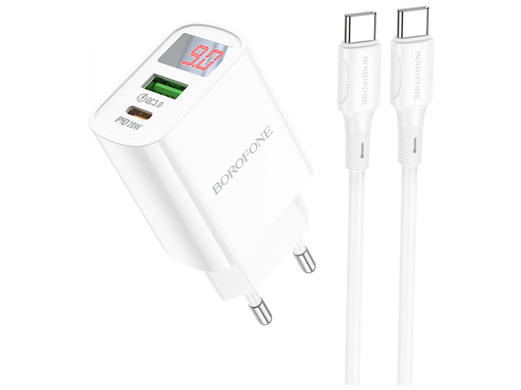 Мережевий Зарядний Пристрій Borofone BA78A PD20W+QC3.0 digital display Type-C to Type-C Колір Бiлий