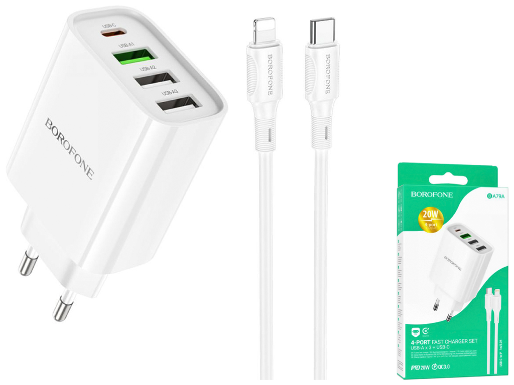 Мережевий Зарядний Пристрій Borofone BA79A Clever PD20W/QC (1C3A) Type C to Lightning Колір Бiлий