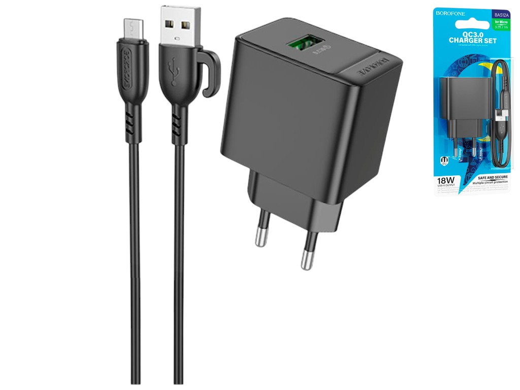 Зарядний пристрій Borofone BAS12A, 1USB, QC3.0 18Ват, кабель USB to micro, колір чорний