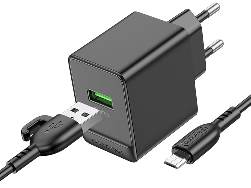 Зарядний пристрій Borofone BAS12A, 1USB, QC3.0 18Ват, кабель USB to micro, колір чорний