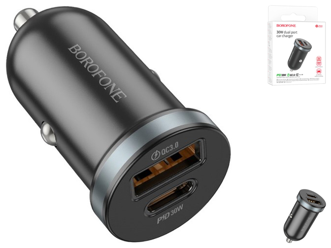 Автомобільний Зарядний Пристрій Borofone BZ22 1USB/1USB-C QC/PD30W Колір Чорний
