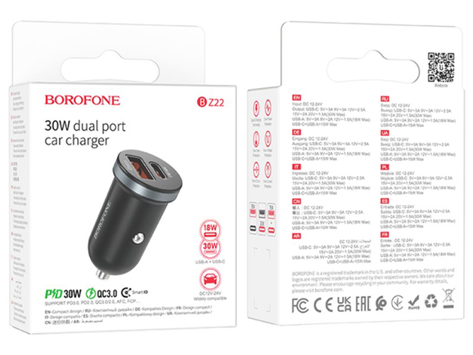 Автомобільний Зарядний Пристрій Borofone BZ22 1USB/1USB-C QC/PD30W Колір Чорний