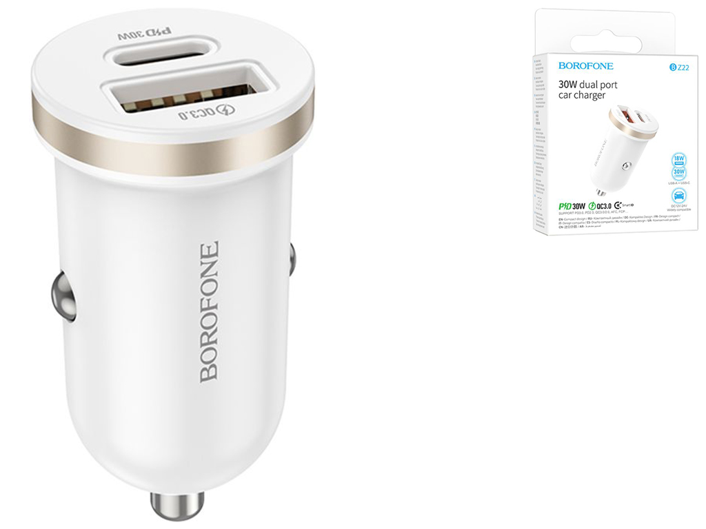 Авто Зарядное Устройство Borofone BZ22 1USB/1USB-C QC/PD30W Цвет Белый