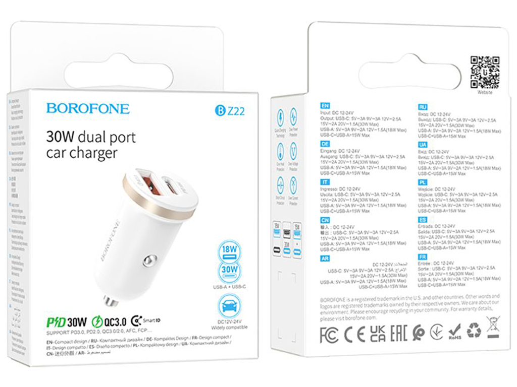 Авто Зарядное Устройство Borofone BZ22 1USB/1USB-C QC/PD30W Цвет Белый