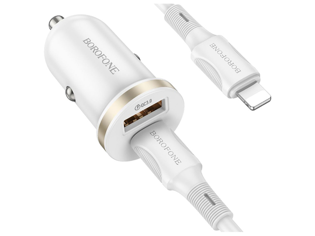 Автомобільний Зарядний Пристрій Borofone BZ22 1USB/1USB-C QC/PD30W+Type-C to Lightning Колір Бiлий