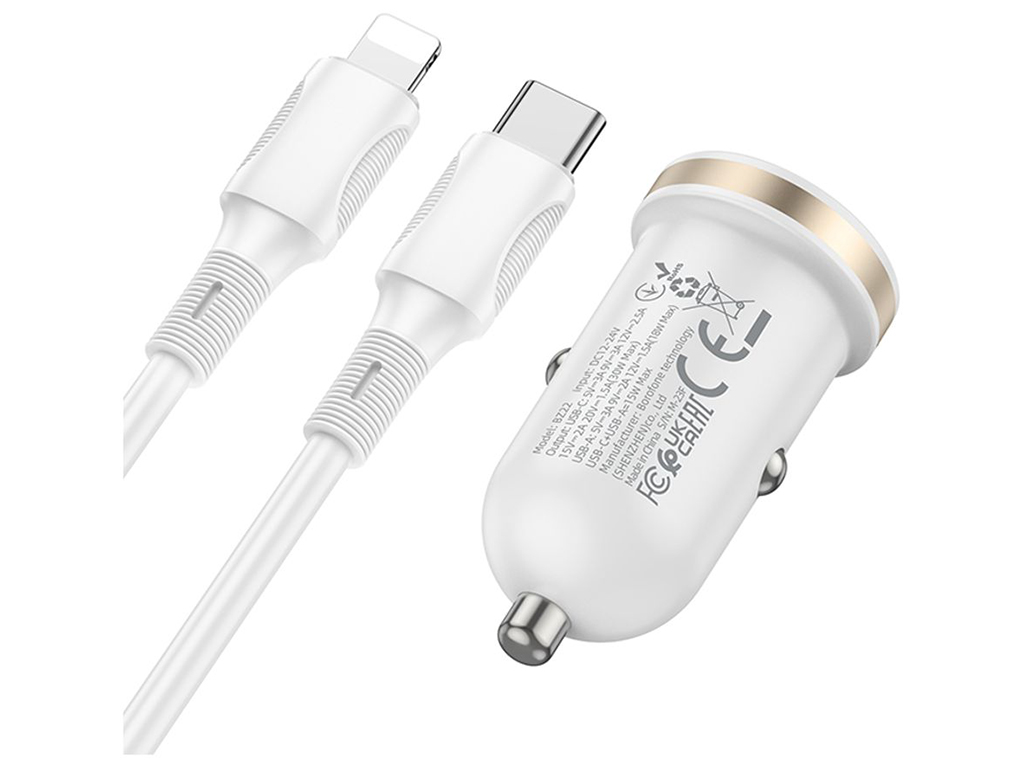 Автомобільний Зарядний Пристрій Borofone BZ22 1USB/1USB-C QC/PD30W+Type-C to Lightning Колір Бiлий