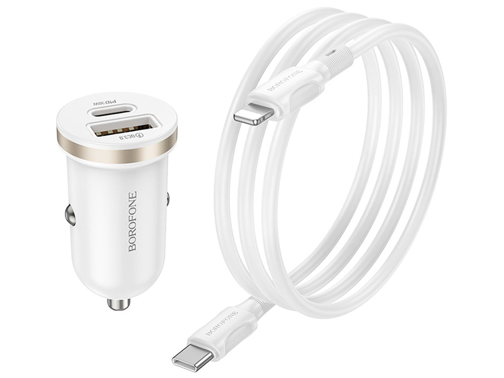 Автомобільний Зарядний Пристрій Borofone BZ22 1USB/1USB-C QC/PD30W+Type-C to Lightning Колір Бiлий